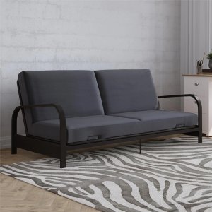 DHP College Metal Arm Futon, Black Frame with Gray Mattress