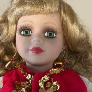 Angelina Red and White Porcelain Doll with Golden Curls Hungarian Dress