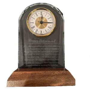 NIB Glass Retirement Clock‎ with Wooden Light Base - Happy Retirement Plaque