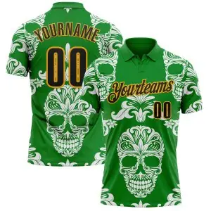 Custom Grass Green Black-Gold Day of the Dead Mexican Sugar Skull Performance Polo Shirt