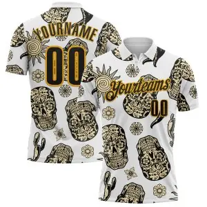 Custom White Black-Gold Day of the Dead Mexican Sugar Skull Performance Polo Shirt
