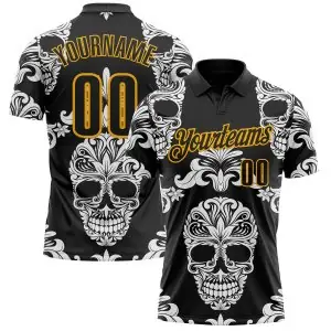 Custom Black-Gold Day of the Dead Mexican Sugar Skull Performance Polo Shirt