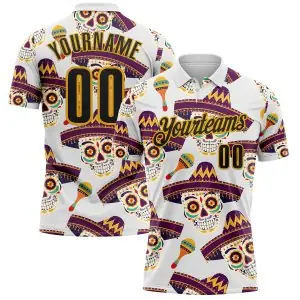 Custom White Black-Gold Day of the Dead Mexican Sugar Skull Performance Polo Shirt