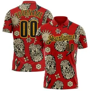 Custom Red Black-Gold Day of the Dead Mexican Sugar Skull Performance Polo Shirt