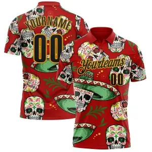 Custom Red Black-Gold Day of the Dead Mexican Sugar Skull Performance Polo Shirt