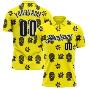 Custom Light Yellow Black-White Day of the Dead Mexican Sugar Skull Performance Polo Shirt
