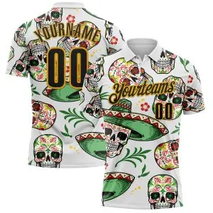 Custom White Black-Gold Day of the Dead Mexican Sugar Skull Performance Polo Shirt