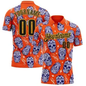 Custom Orange Black-Gold Day of the Dead Mexican Sugar Skull Performance Polo Shirt