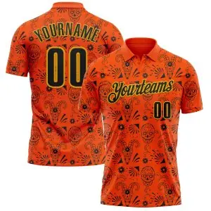 Custom Orange Black-Gold Day of the Dead Mexican Sugar Skull Performance Polo Shirt