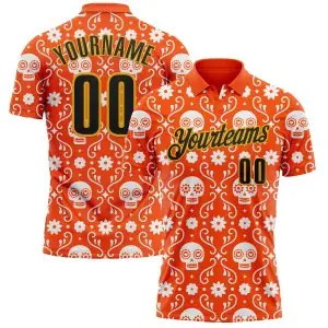 Custom Orange Black-Gold Day of the Dead Mexican Sugar Skull Performance Polo Shirt