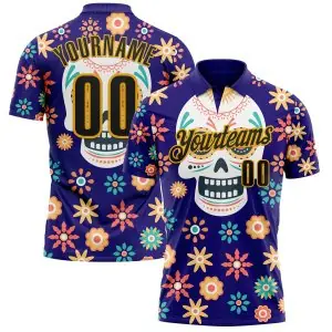 Custom Dark Purple Black-Gold Day of the Dead Mexican Sugar Skull Performance Polo Shirt