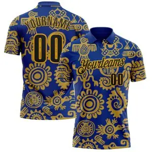 Custom Royal Black-Gold Mexican Aztec Mayan Tribal Performance Polo Shirt