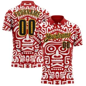 Custom Red Black-Gold Mexican Aztec Mayan Tribal Performance Polo Shirt
