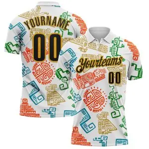 Custom White Black-Gold Mexican Aztec Mayan Tribal Performance Polo Shirt