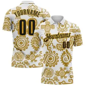 Custom White Black-Gold Mexican Aztec Mayan Tribal Performance Polo Shirt