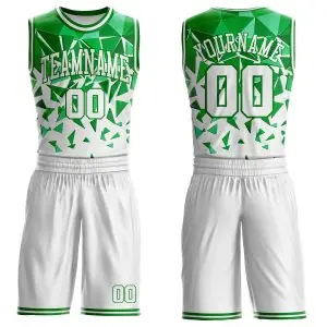 Custom White-Grass Green Triangle Shapes Geometric Round Neck Sublimation Basketball Uniform Jersey