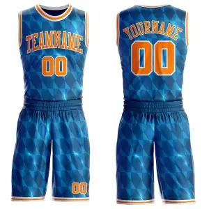 Custom Blue Bay Orange-White Diamond Shapes Geometric Round Neck Sublimation Basketball Uniform Jersey