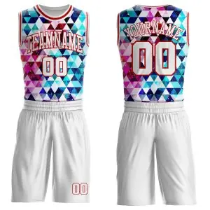 Custom White-Red Diamond Shapes Geometric Round Neck Sublimation Basketball Uniform Jersey