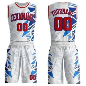 Custom White Red-Royal Triangle Shapes Gradient Round Neck Sublimation Basketball Uniform Jersey