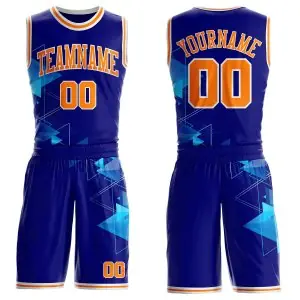 Custom Blue Bay Orange-White Geometric Tech Round Neck Sublimation Basketball Uniform Jersey