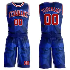 Custom Blue Red-White Diamond Shapes Geometric Round Neck Sublimation Basketball Uniform Jersey