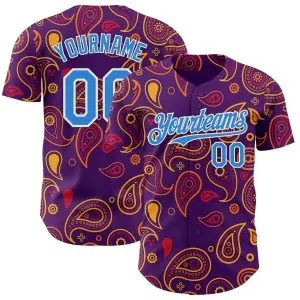 Custom Purple Electric Blue-White Burning Man Paisley Bandana Rave Authentic Baseball Jersey