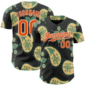 Custom Black Orange Yellow Green-White Burning Man Paisley Bandana Rave Authentic Baseball Jersey