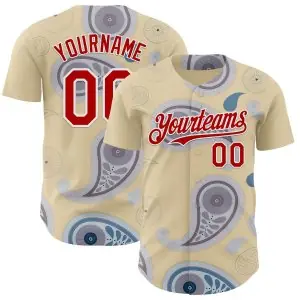 Custom Cream Red Gray-White Burning Man Paisley Bandana Rave Authentic Baseball Jersey