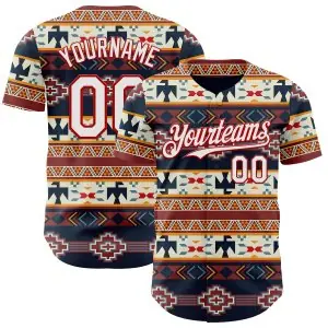 Custom Navy White Yellow-Red Burning Man Aztec Tribal Geometric Authentic Baseball Jersey