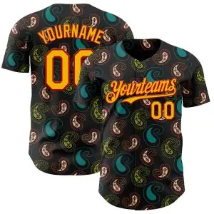 Custom Black Gold Green-Red Burning Man Paisley Bandana Rave Authentic Baseball Jersey