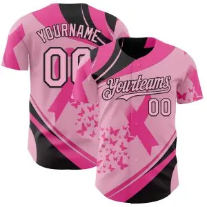Custom Light Pink-Black Breast Cancer Awareness Pink Ribbon Butterfly Authentic Baseball Jersey
