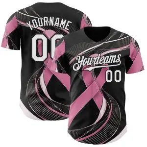 Custom Black White-Pink Breast Cancer Awareness Fight Pink Ribbon Wave Authentic Baseball Jersey