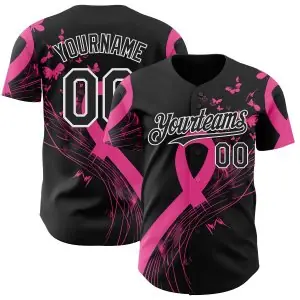 Custom Black Pink-White Breast Cancer Awareness Fight Pink Ribbon Butterfly Authentic Baseball Jersey