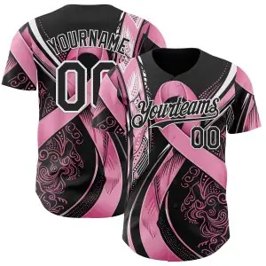 Custom Black Pink-White Breast Cancer Awareness Fight Pink Ribbon Authentic Baseball Jersey