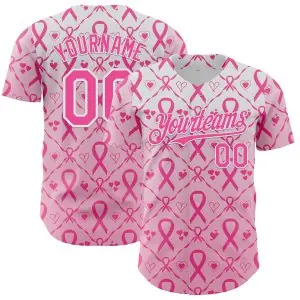 Custom White-Pink Breast Cancer Awareness Support Pink Ribbon Authentic Baseball Jersey