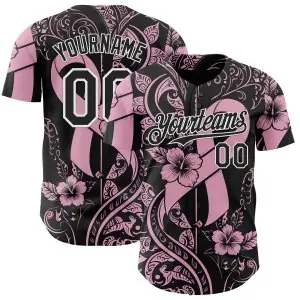 Custom Black Light Pink-White Breast Cancer Awareness Pink Ribbon Floral Authentic Baseball Jersey