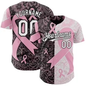 Custom Black White-Pink Breast Cancer Awareness Pink Ribbon Floral Authentic Baseball Jersey
