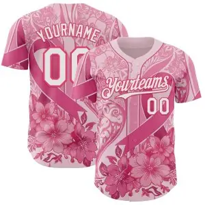 Custom Pink White-Neon Pink Breast Cancer Awareness Pink Ribbon Floral Authentic Baseball Jersey