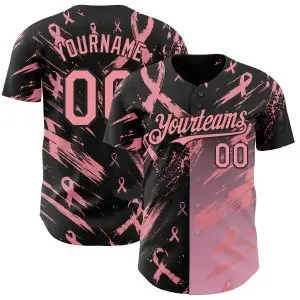 Custom Black-Medium Pink Breast Cancer Awareness Fight Pink Ribbon Authentic Baseball Jersey
