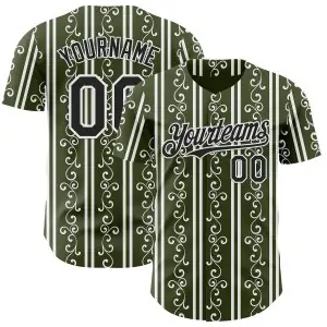 Custom Olive Black-White Baroque Floral Scroll Authentic Baseball Jersey