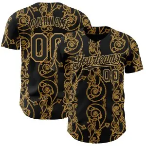 Custom Black-Old Gold Baroque Floral Scroll Authentic Baseball Jersey
