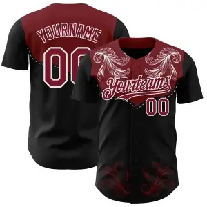 Custom Black Crimson-White Baroque Floral Scroll Authentic Baseball Jersey