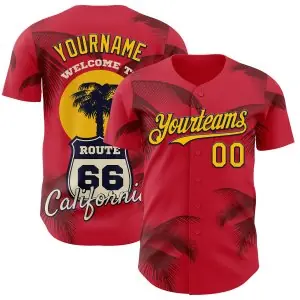Custom Red Yellow-Black Route 66 Tropical Palm Tree Americana Road Trip Authentic Baseball Jersey