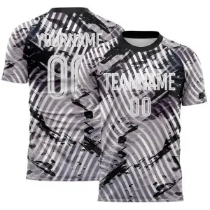 Custom Gray White-Black Abstract Swirl Wave Grunge Splatter Sublimation Soccer Uniform Jersey