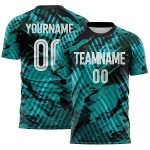 Custom Aqua White-Black Abstract Swirl Wave Grunge Splatter Sublimation Soccer Uniform Jersey