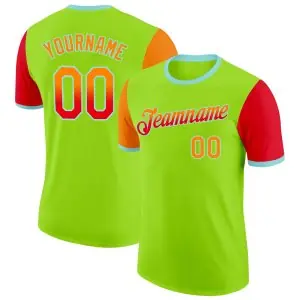 Custom Neon Green Bay Orange Fire Red-Ice Blue Gradient Two Tone Performance T-Shirt