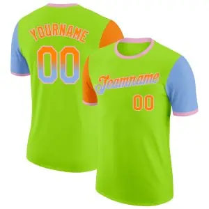 Custom Neon Green Bay Orange Light Blue-Light Pink Gradient Two Tone Performance T-Shirt