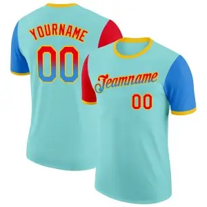 Custom Ice Blue Fire Red Powder Blue-Yellow Gradient Two Tone Performance T-Shirt