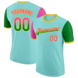 Custom Ice Blue Pink Grass Green-Yellow Gradient Two Tone Performance T-Shirt