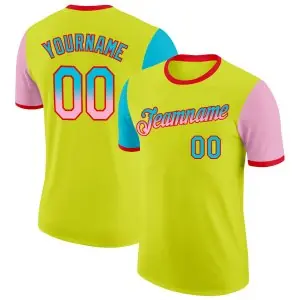 Custom Neon Yellow Lakes Blue Light Pink-Fire Red Gradient Two Tone Performance T-Shirt